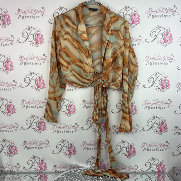 Dynamite Tops - Dynamite blouse tie up swirls ribbon bow front brown Multicolor Tie-Front Blouse